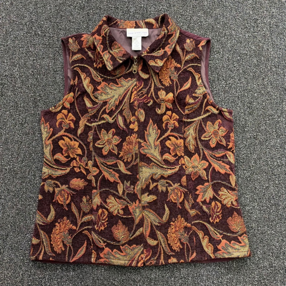 Susan Graver Zip Front Tapestry Floral Vest Women Large good grandma cottage
